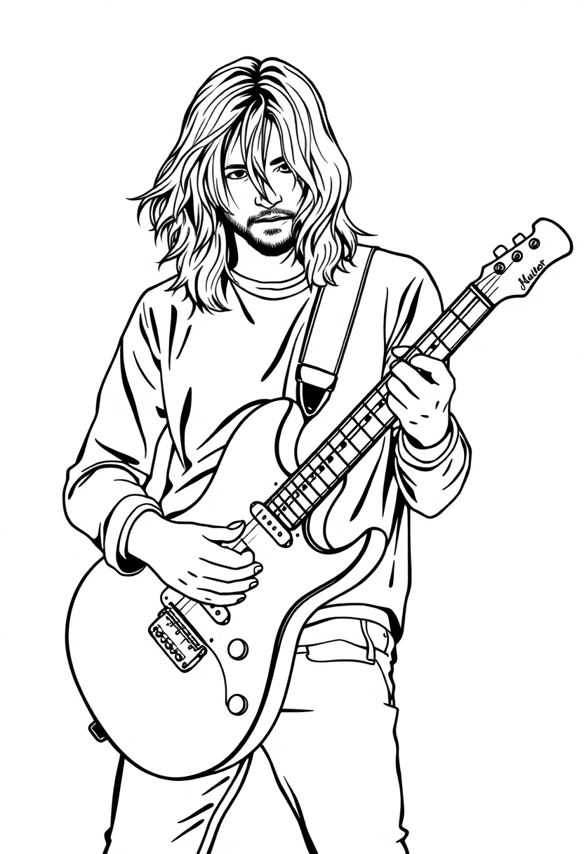 Kurt Cobain with Guitar coloring page, free printable