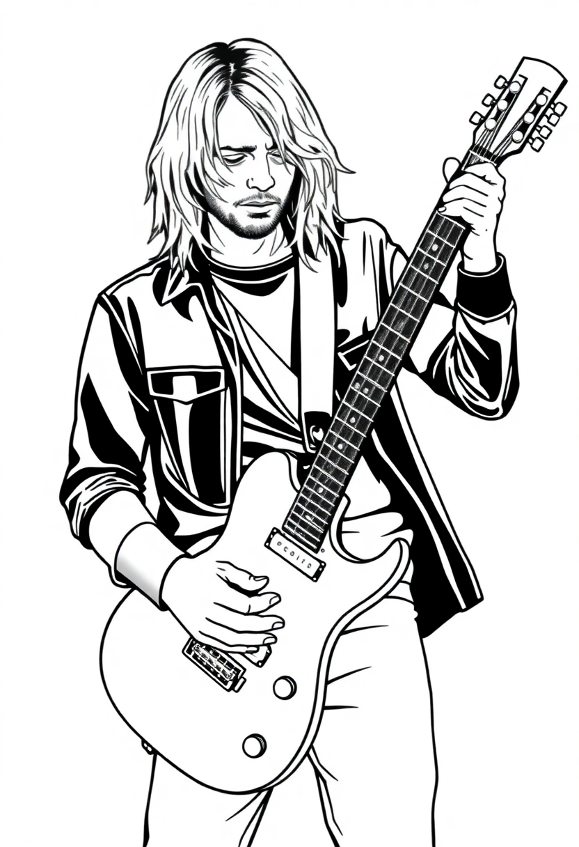 Kurt Cobain with Guitar coloring page, free printable