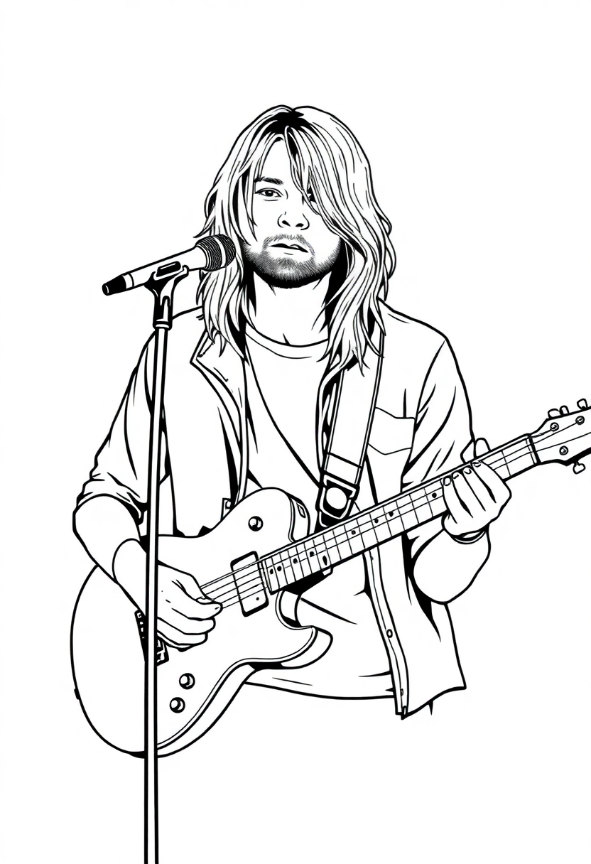 Kurt Cobain with Guitar coloring page, free printable