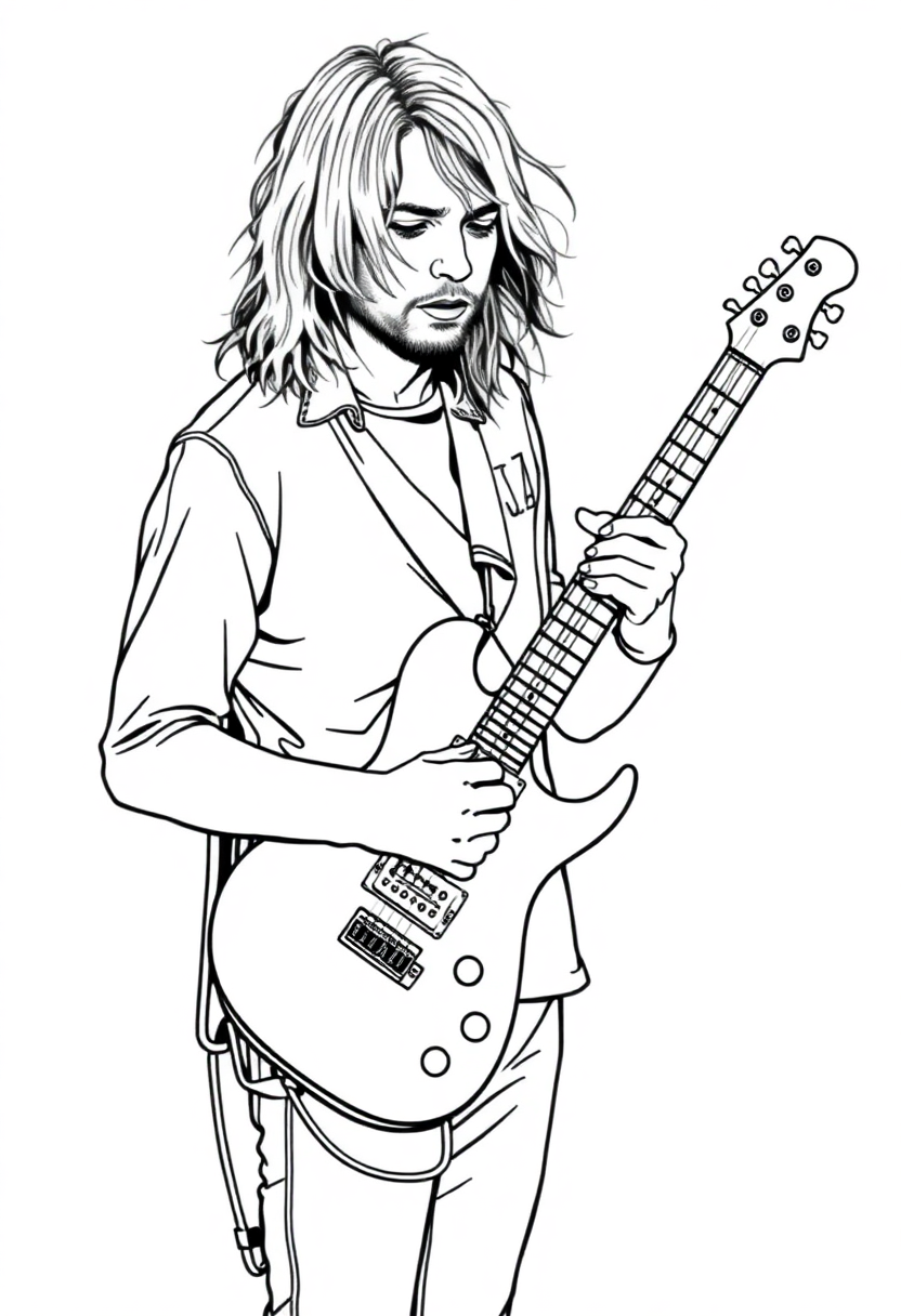 Kurt Cobain with Guitar coloring page, free printable