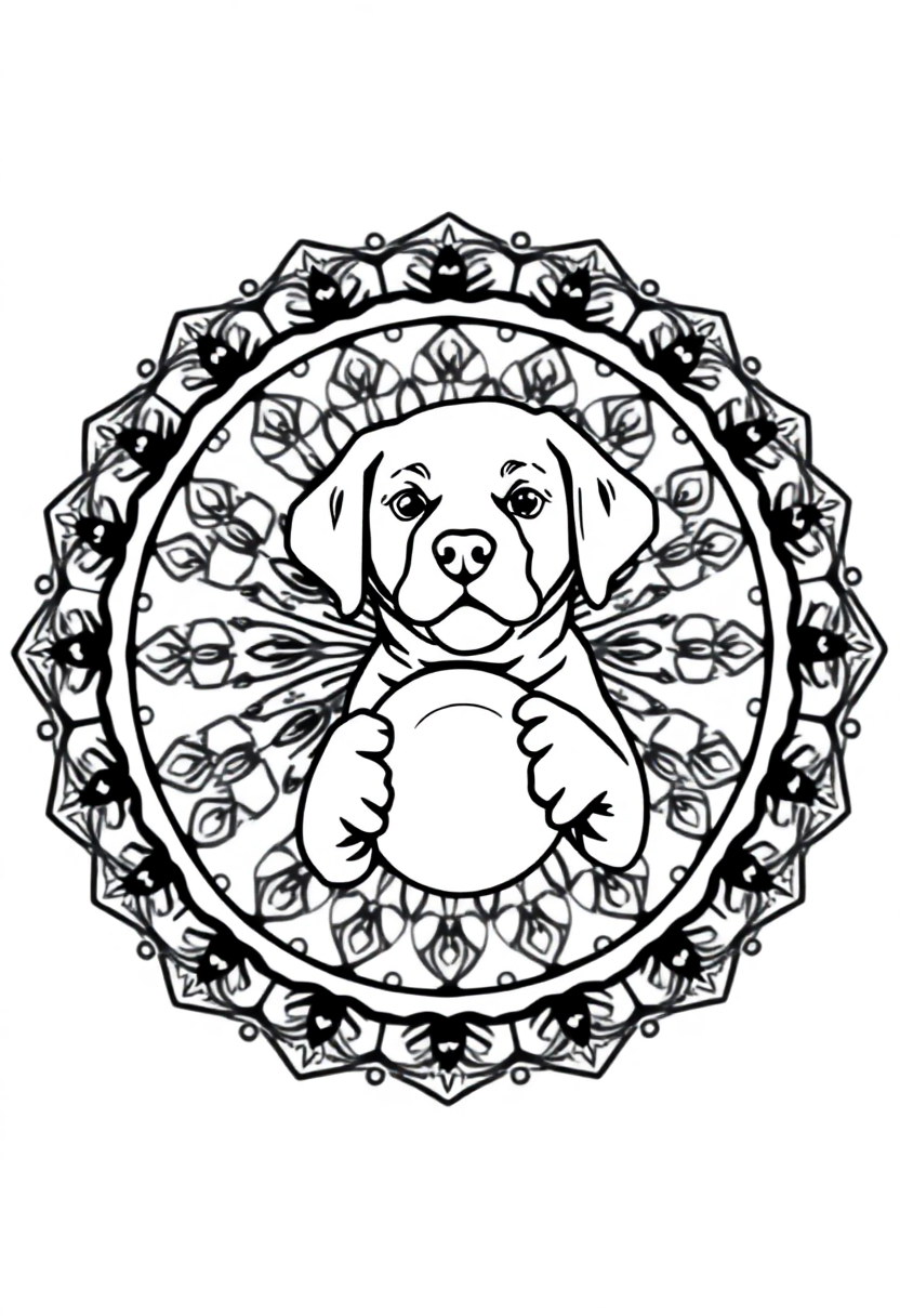 Labrador puppy with ball coloring page showing playful dog holding ball in mandala-style design with bold outlines