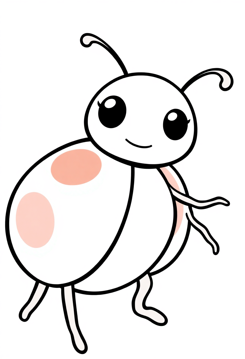 Cute chibi ladybug coloring page with big eyes, spotted wings, and bold outlines for kids to color