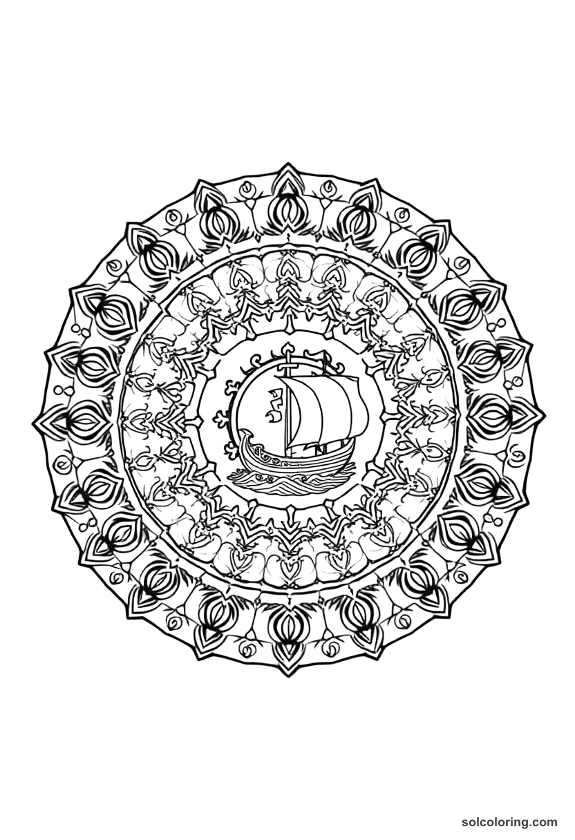Mandala Leif Erikson Landing in Vinland coloring page, free printable mandala style