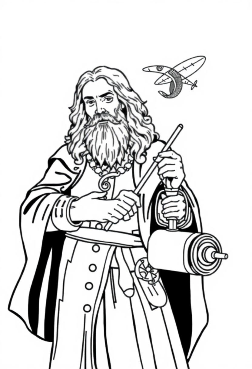 Leonardo da Vinci Inventor with Flying Machine coloring page, free printable
