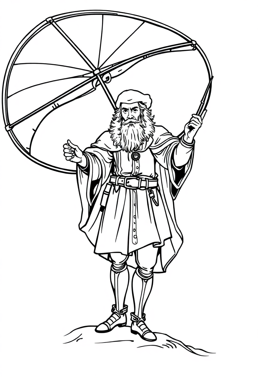 Leonardo da Vinci Inventor with Flying Machine coloring page, free printable