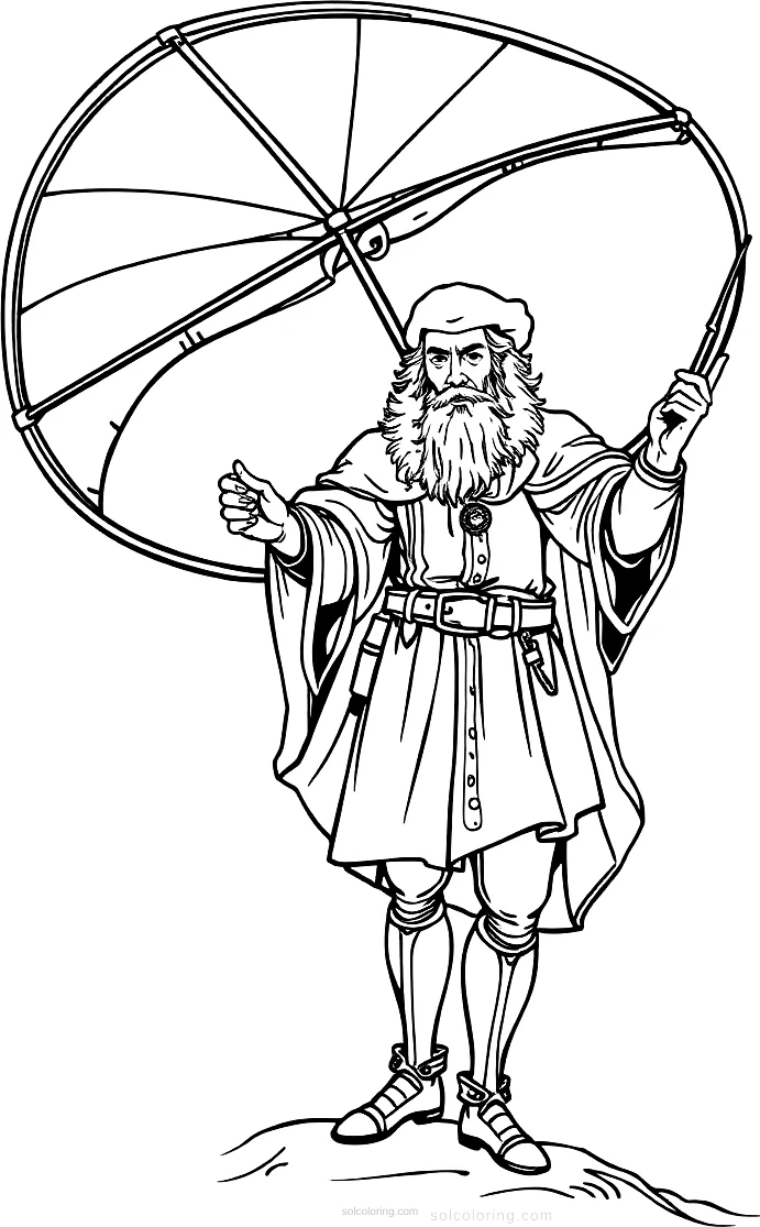 Leonardo Da Vinci Inventor With Flying Machine coloring page for kids