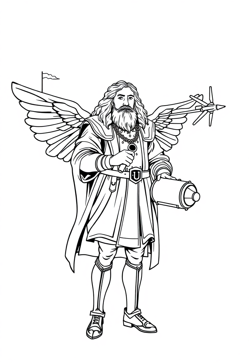 Leonardo da Vinci Inventor with Flying Machine coloring page, free printable