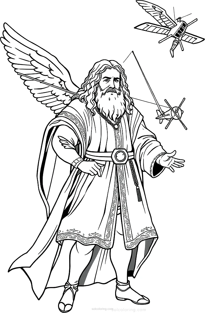 Leonardo Da Vinci Inventor With Flying Machine coloring page for kids