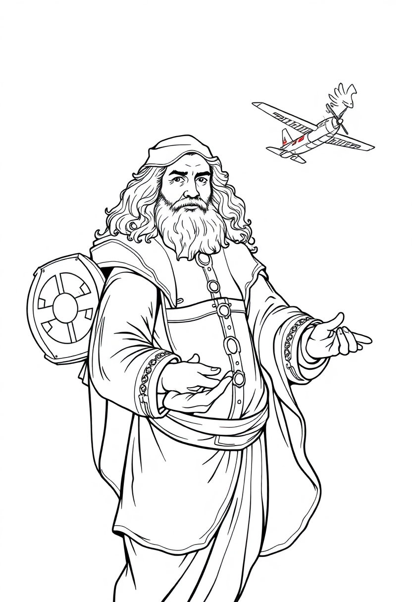 Leonardo da Vinci Inventor with Flying Machine coloring page, free printable