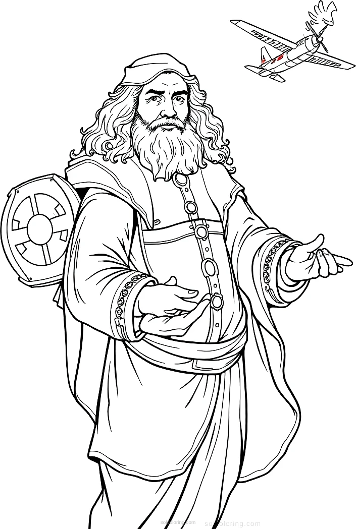 Leonardo Da Vinci Inventor With Flying Machine coloring page for kids