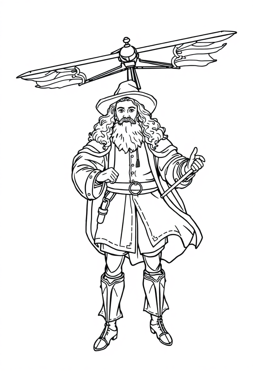 Leonardo da Vinci Inventor with Flying Machine coloring page, free printable