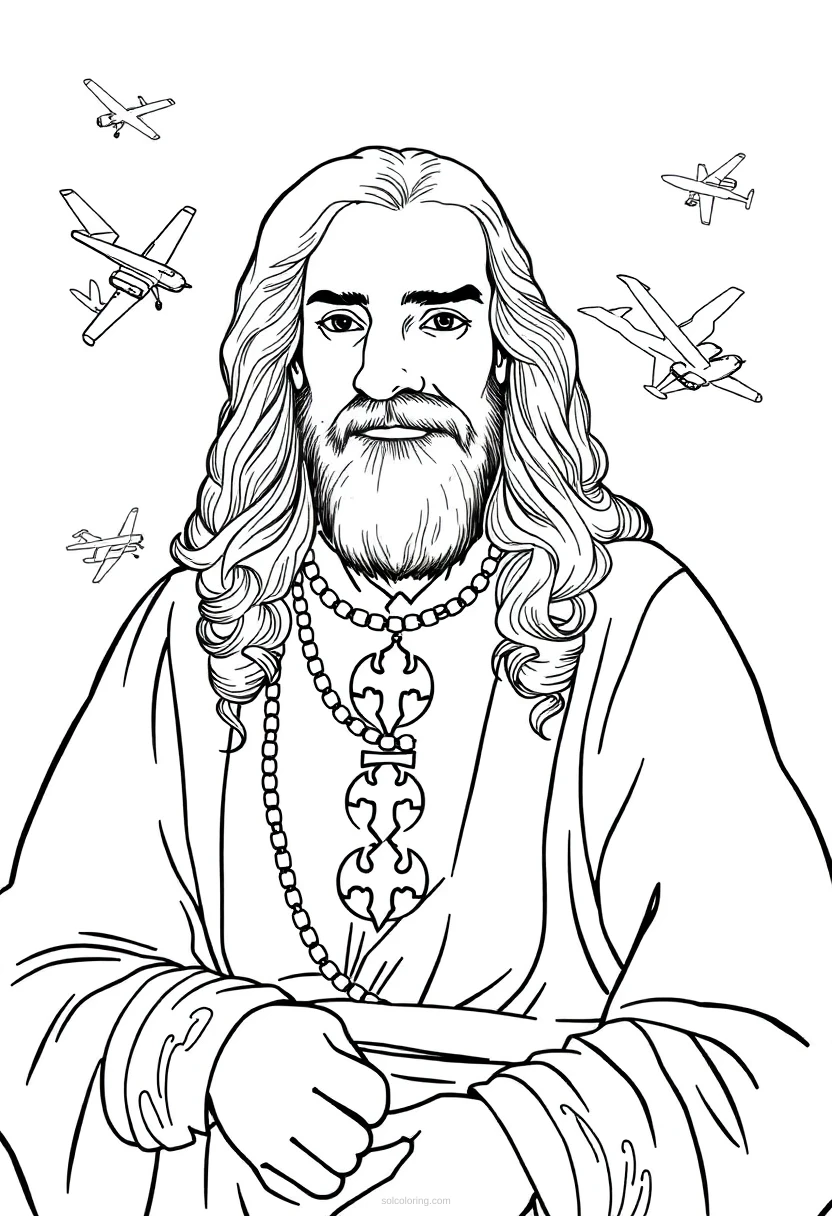 Leonardo da Vinci with Flying Machine Sketches coloring page for kids