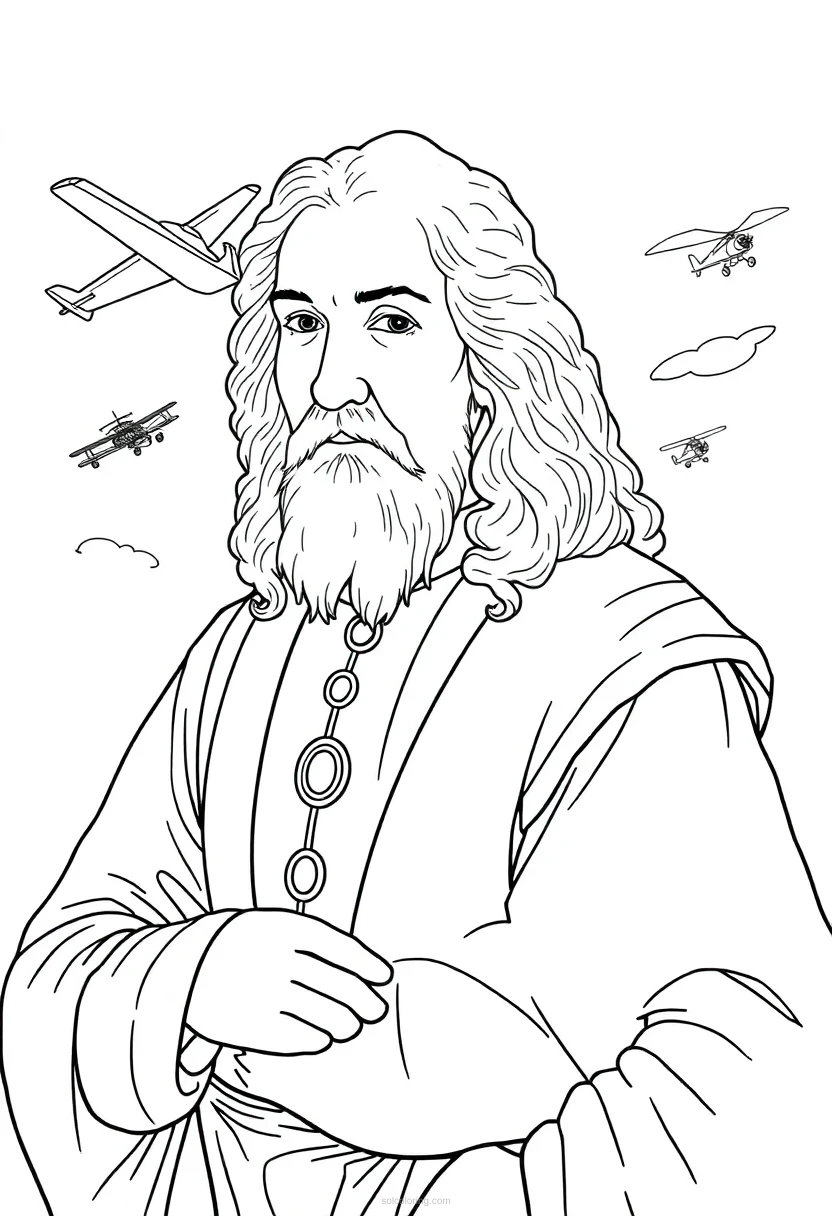 Leonardo da Vinci with Flying Machine Sketches coloring page for kids