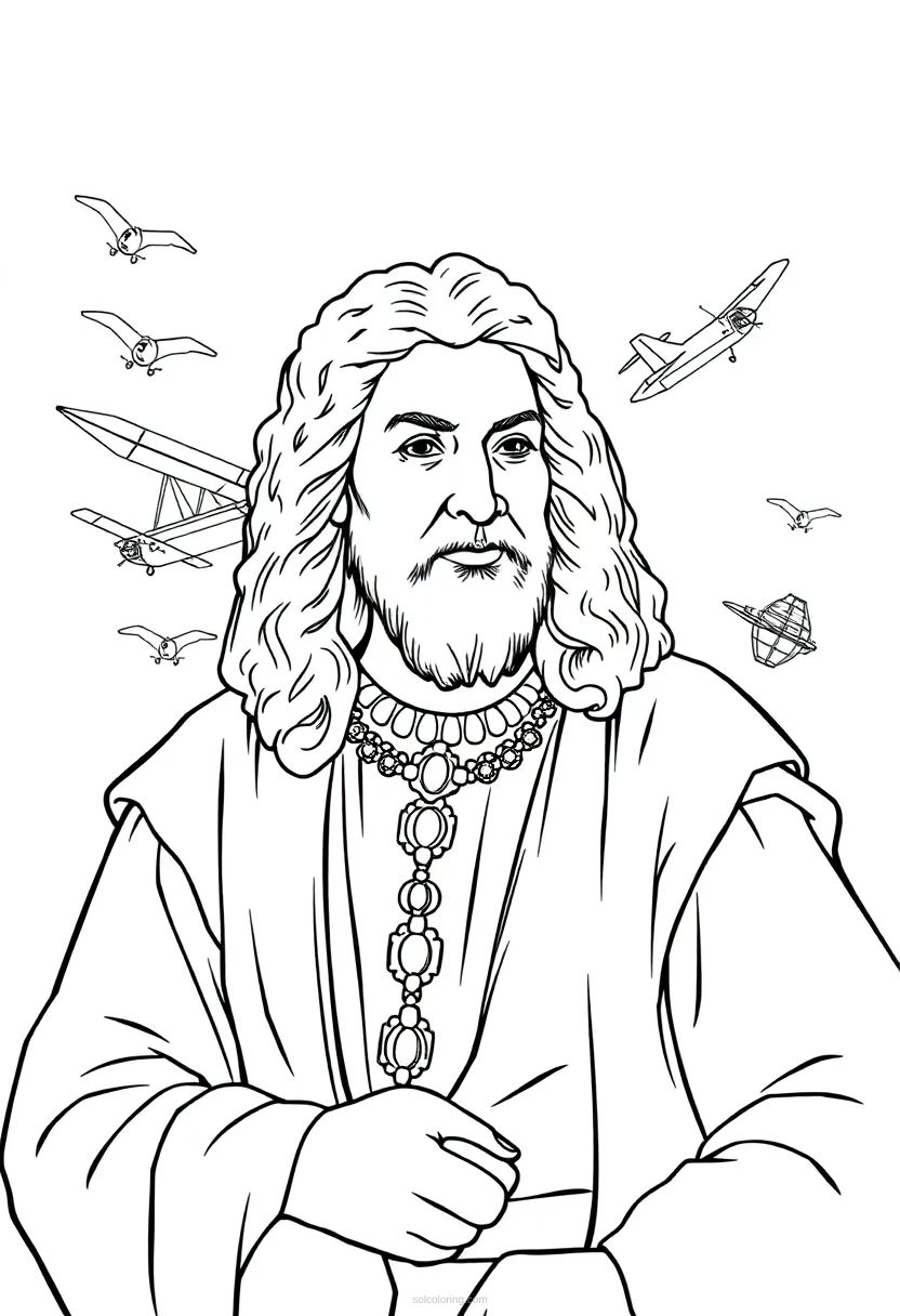 Leonardo da Vinci with Flying Machine Sketches coloring page for kids