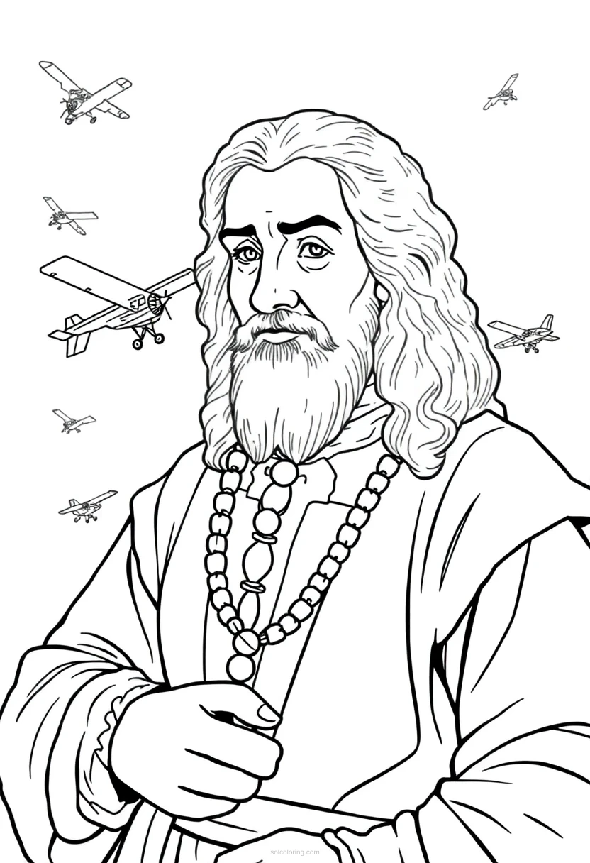 Leonardo Da Vinci With Flying Machine Sketches coloring pages