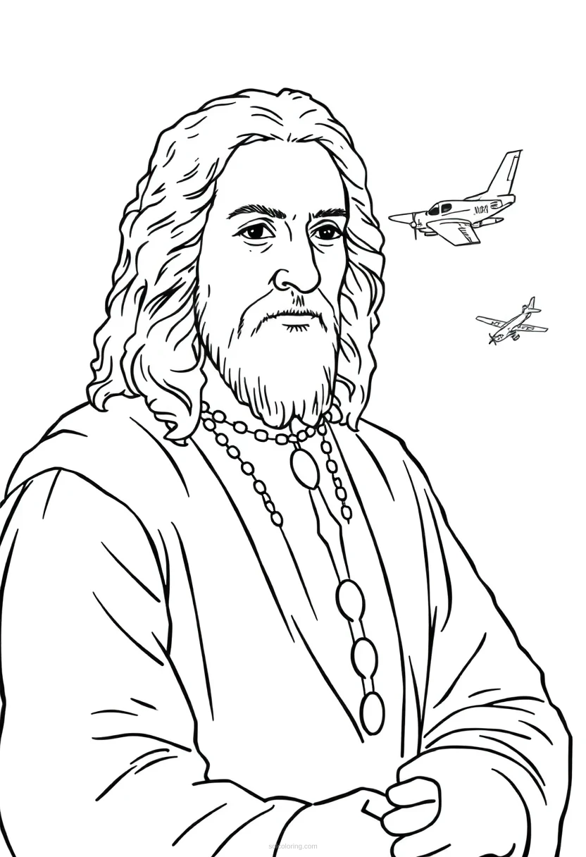 Leonardo da Vinci with Flying Machine Sketches coloring page for kids