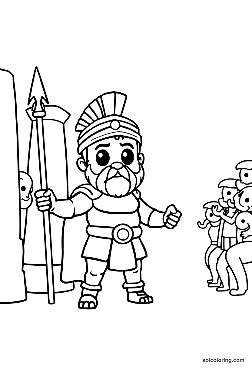 Cute Cartoon Leonidas at the Gates of Thermopylae coloring page, free printable cute cartoon style