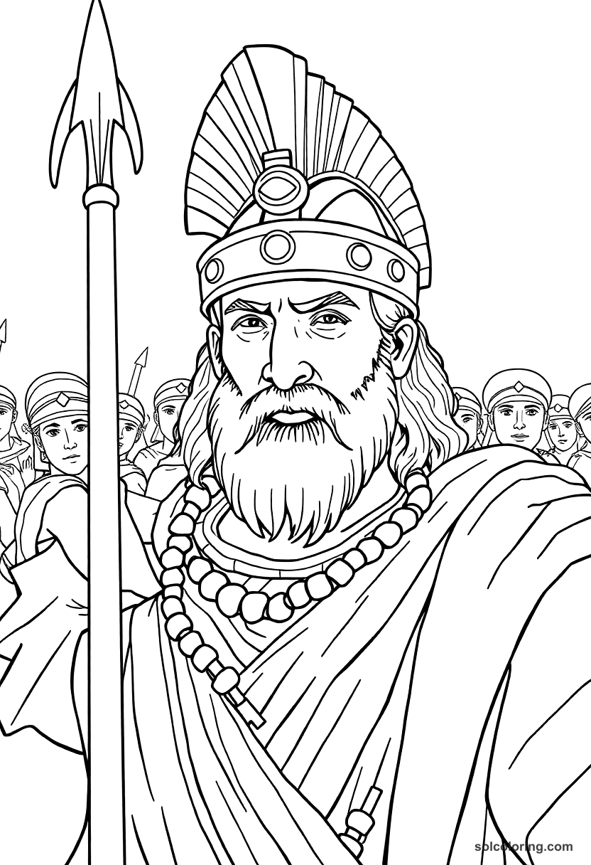 Leonidas at the Gates of Thermopylae coloring page, free printable detailed style