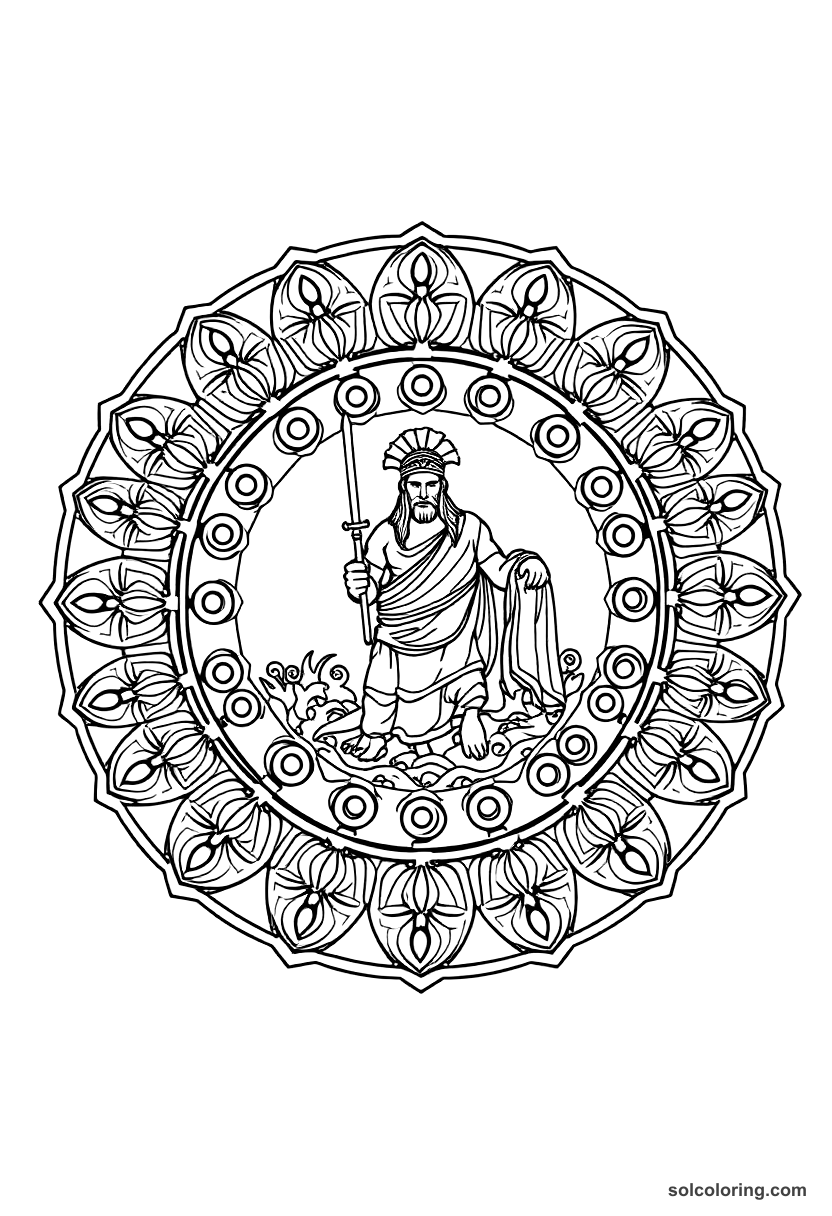 Mandala Leonidas at the Gates of Thermopylae coloring page, free printable mandala style