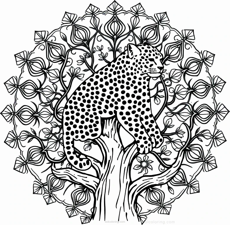 Leopard in Tree coloring page for kids