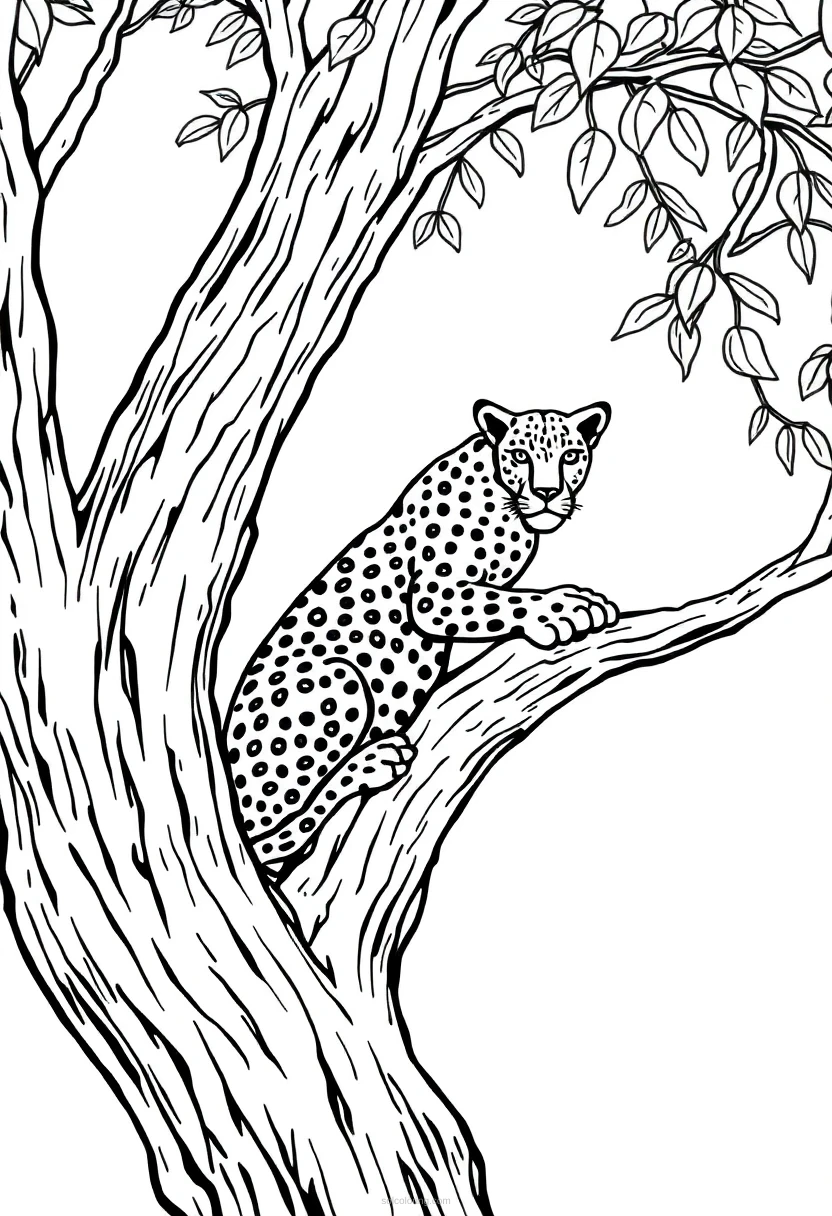 Leopard in Tree coloring page for kids