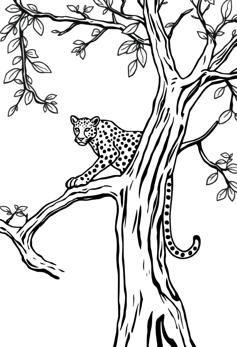 Leopard in Tree coloring page, free printable