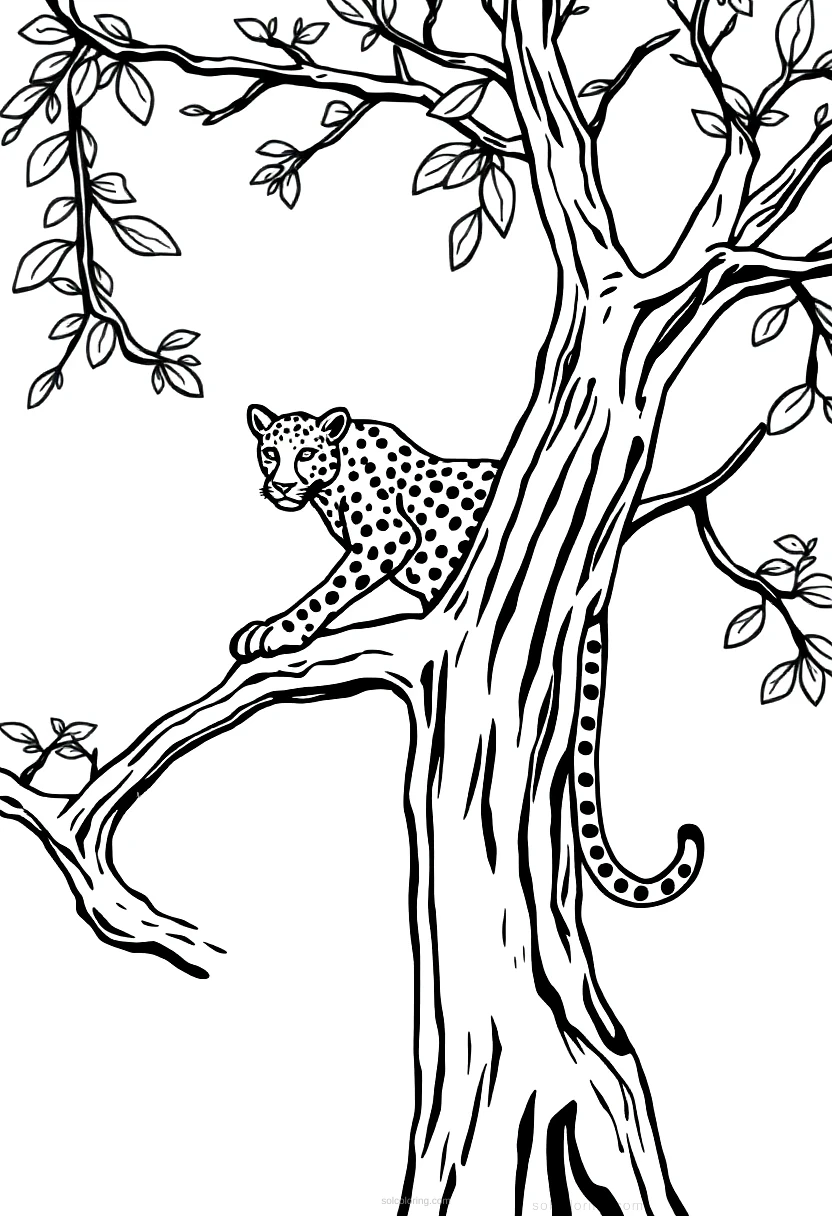 Leopard in Tree coloring page for kids