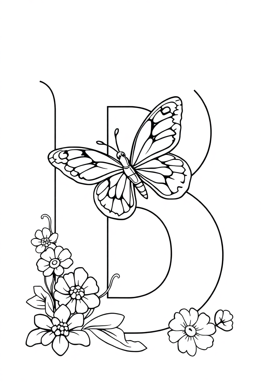 Letter B with Butterfly coloring page for kids