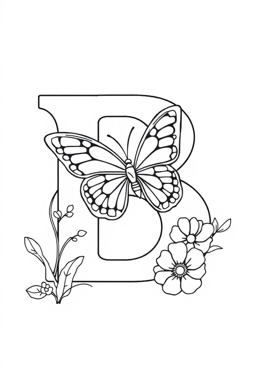 Letter B with Butterfly coloring page for kids