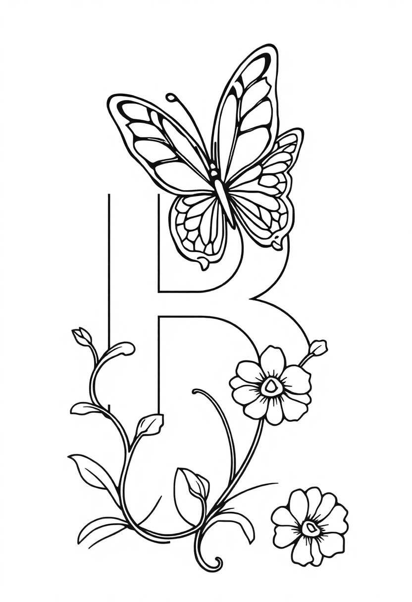 Letter B with Butterfly coloring page for kids