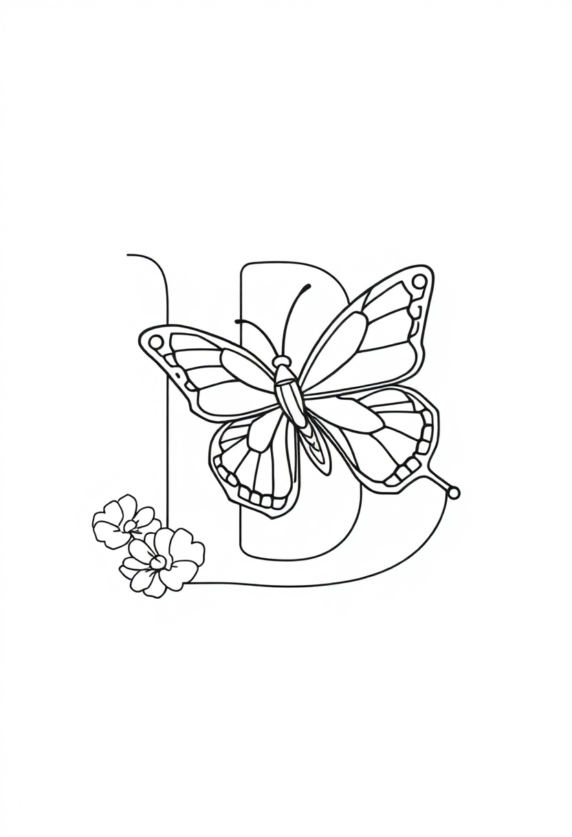 Letter B with Butterfly coloring page for kids
