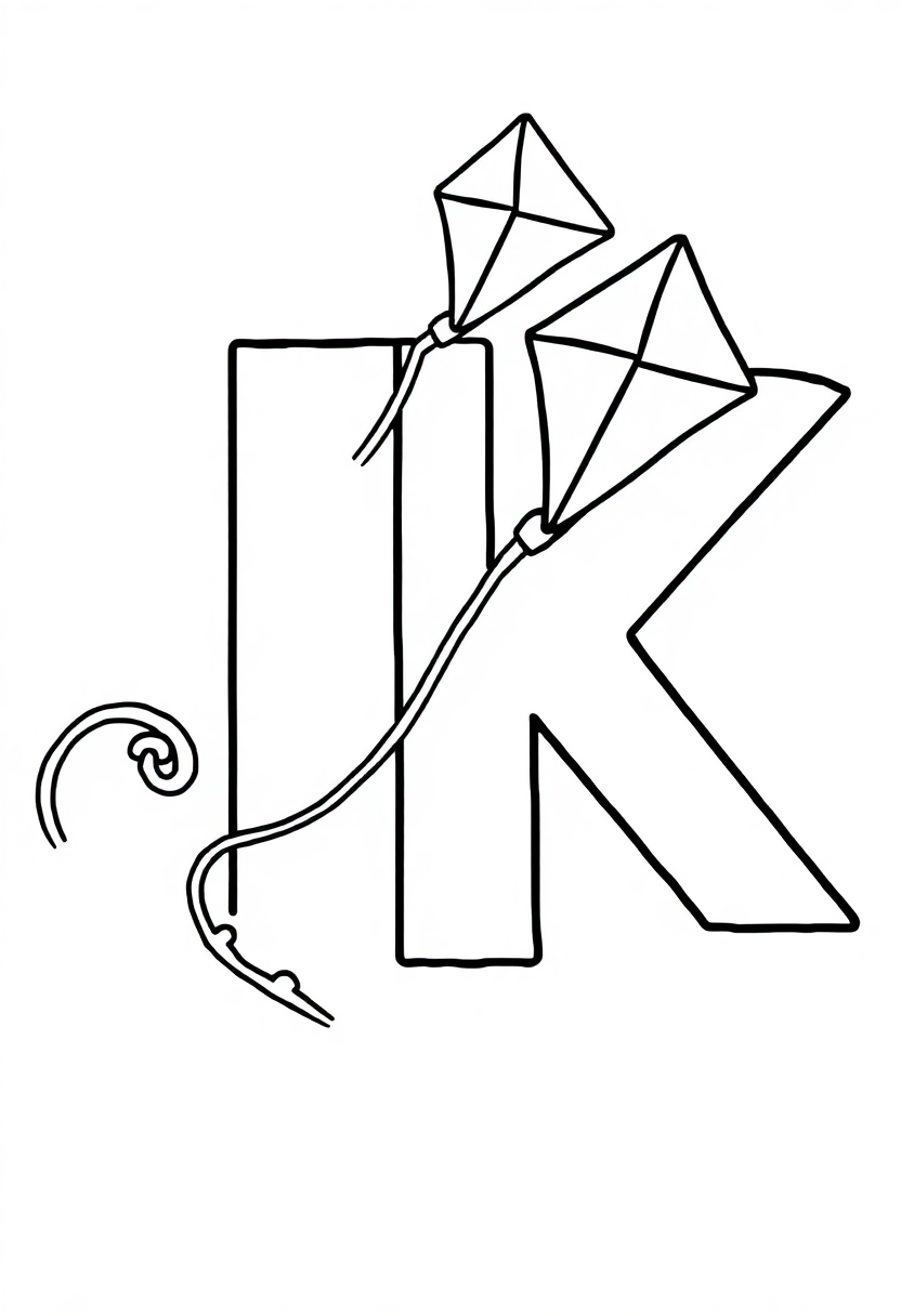 Letter K with Kite coloring page for kids