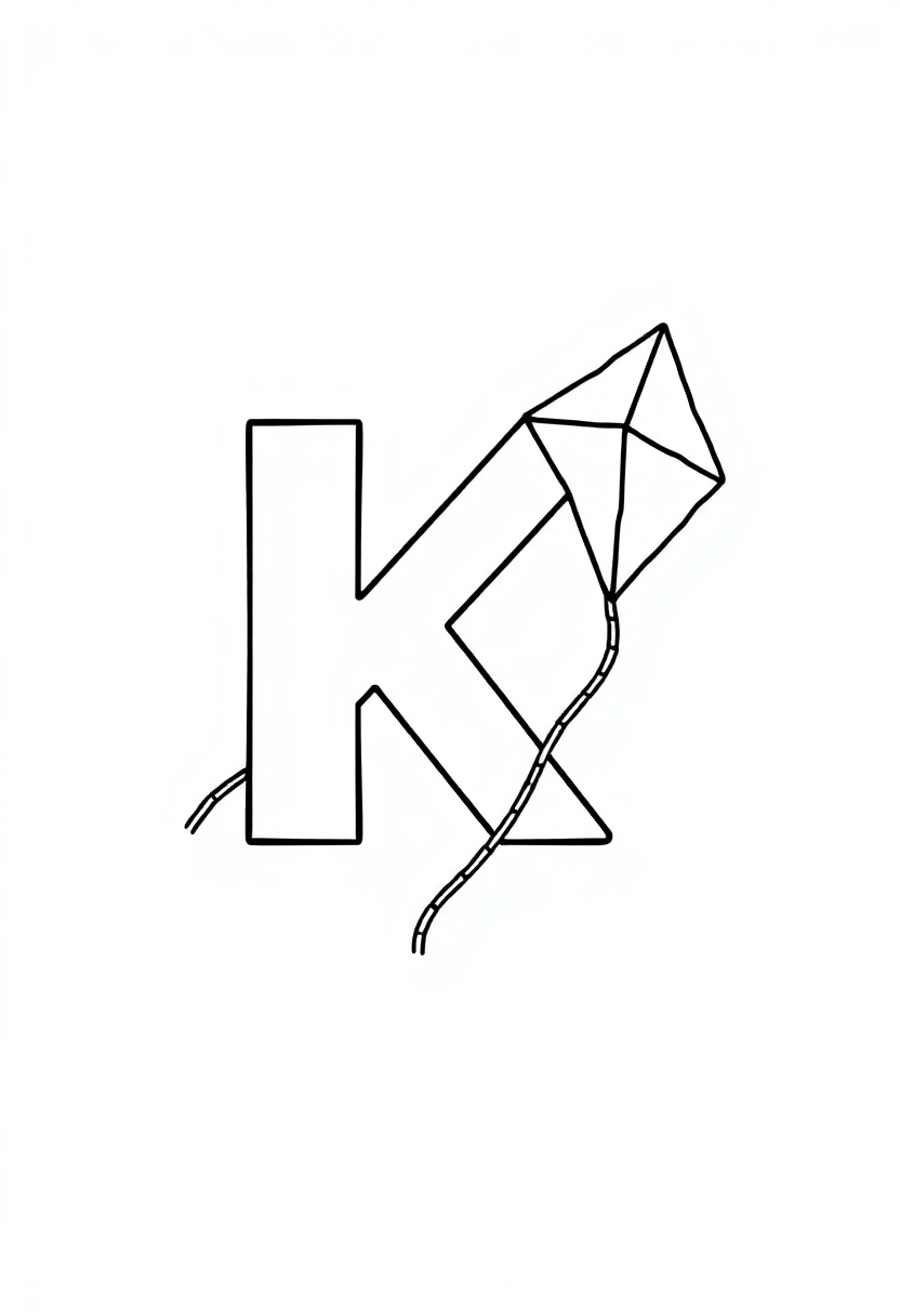 Letter K with Kite coloring page for kids