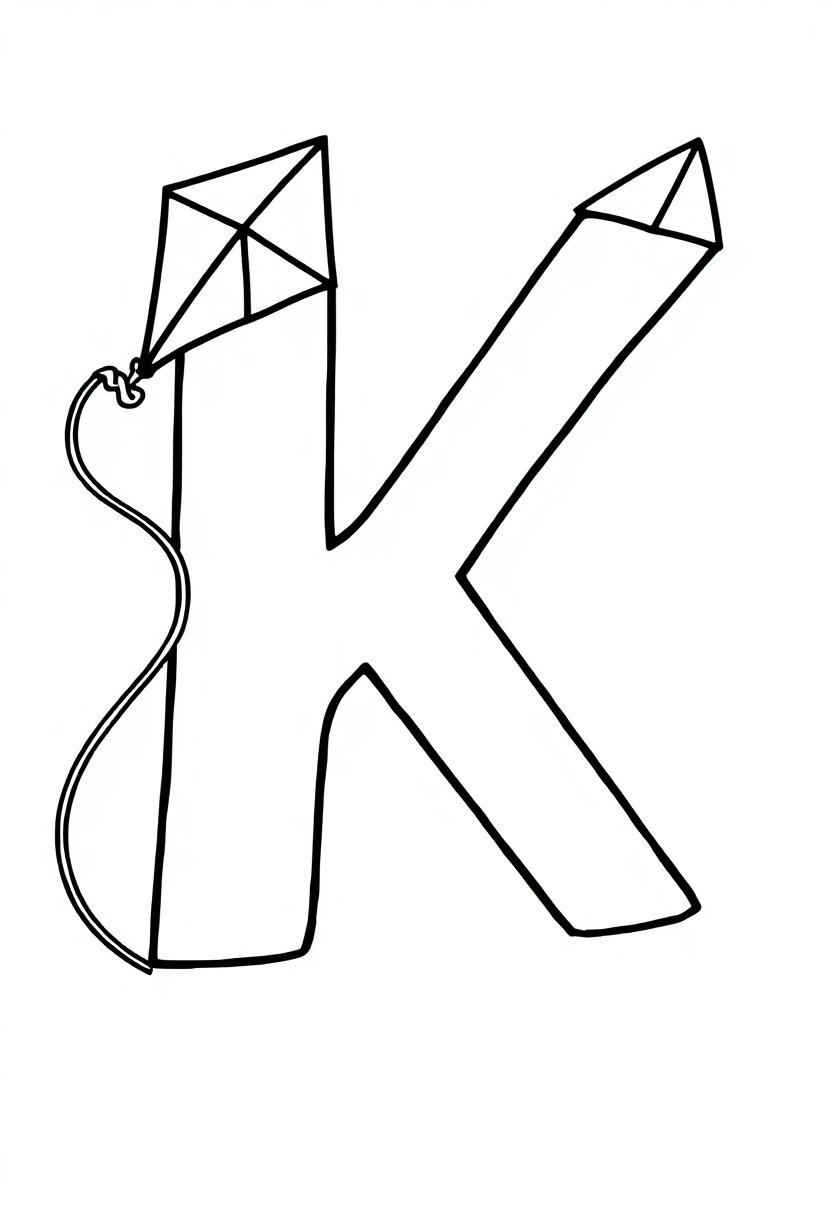 Letter K with Kite coloring page for kids