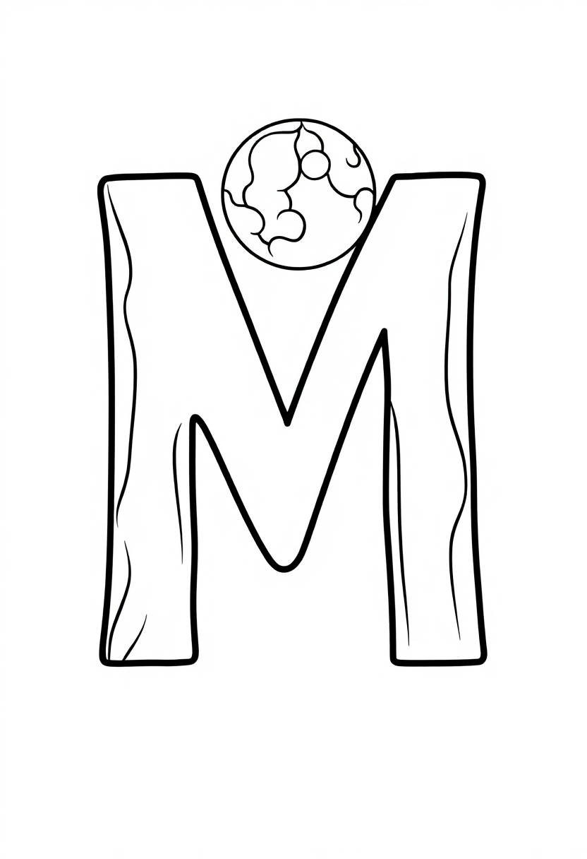 Letter M with Moon coloring page for kids