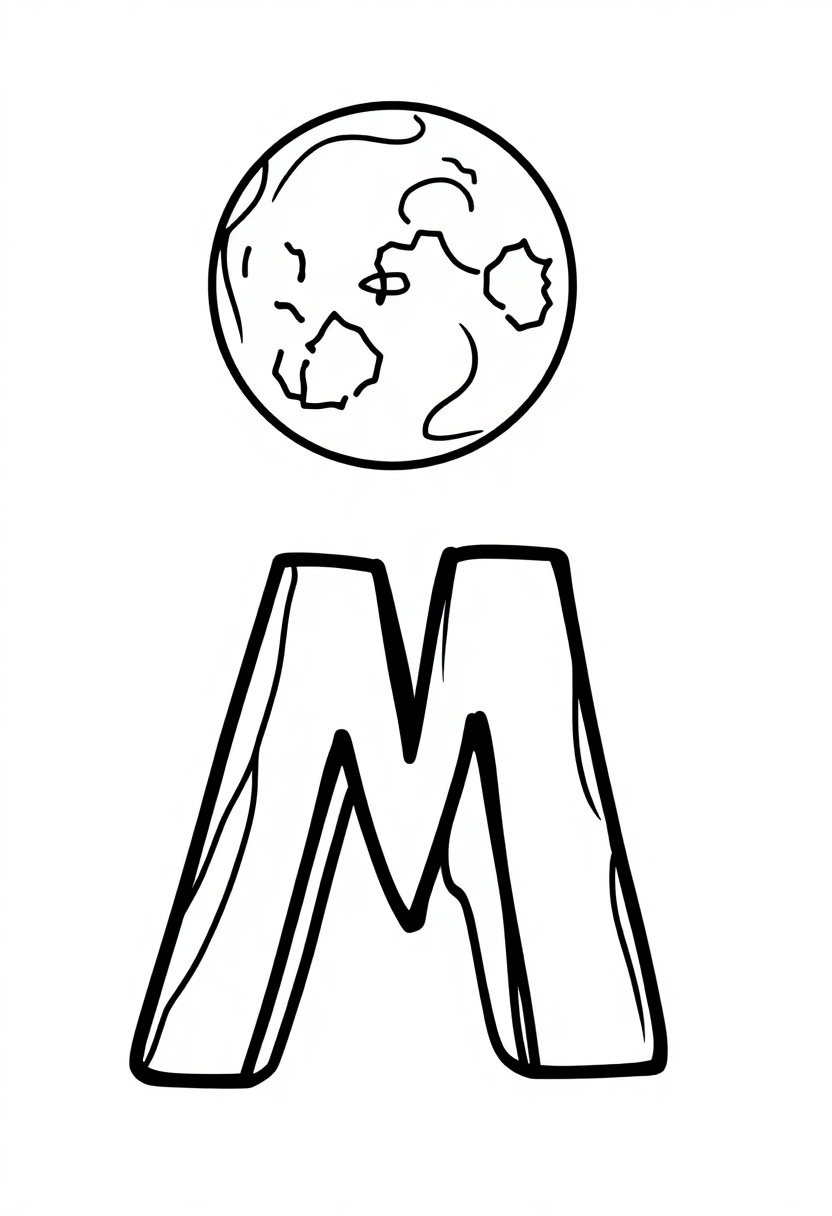 Letter M with Moon coloring page for kids