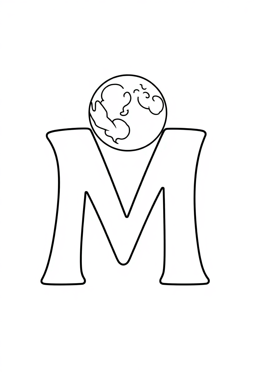 Letter M with Moon coloring page for kids