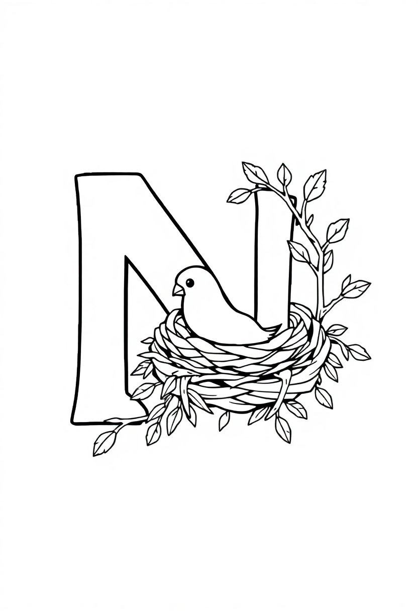 Letter N with Nest coloring page for kids