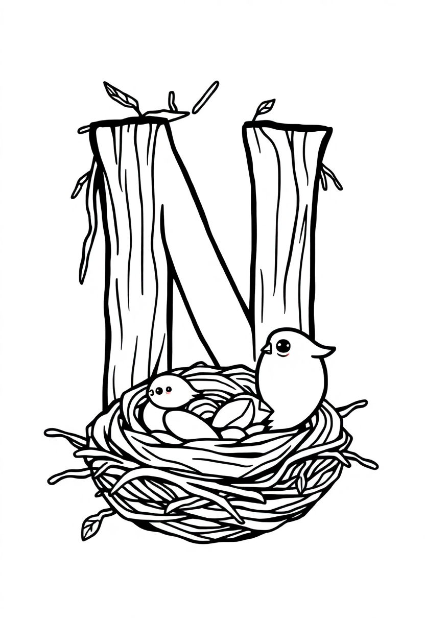 Letter N with Nest coloring page for kids