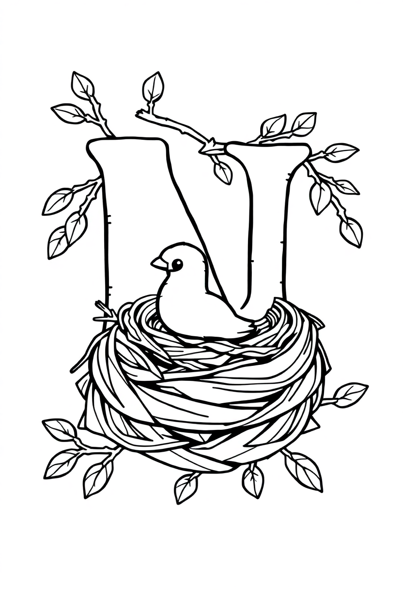 Letter N With Nest coloring pages