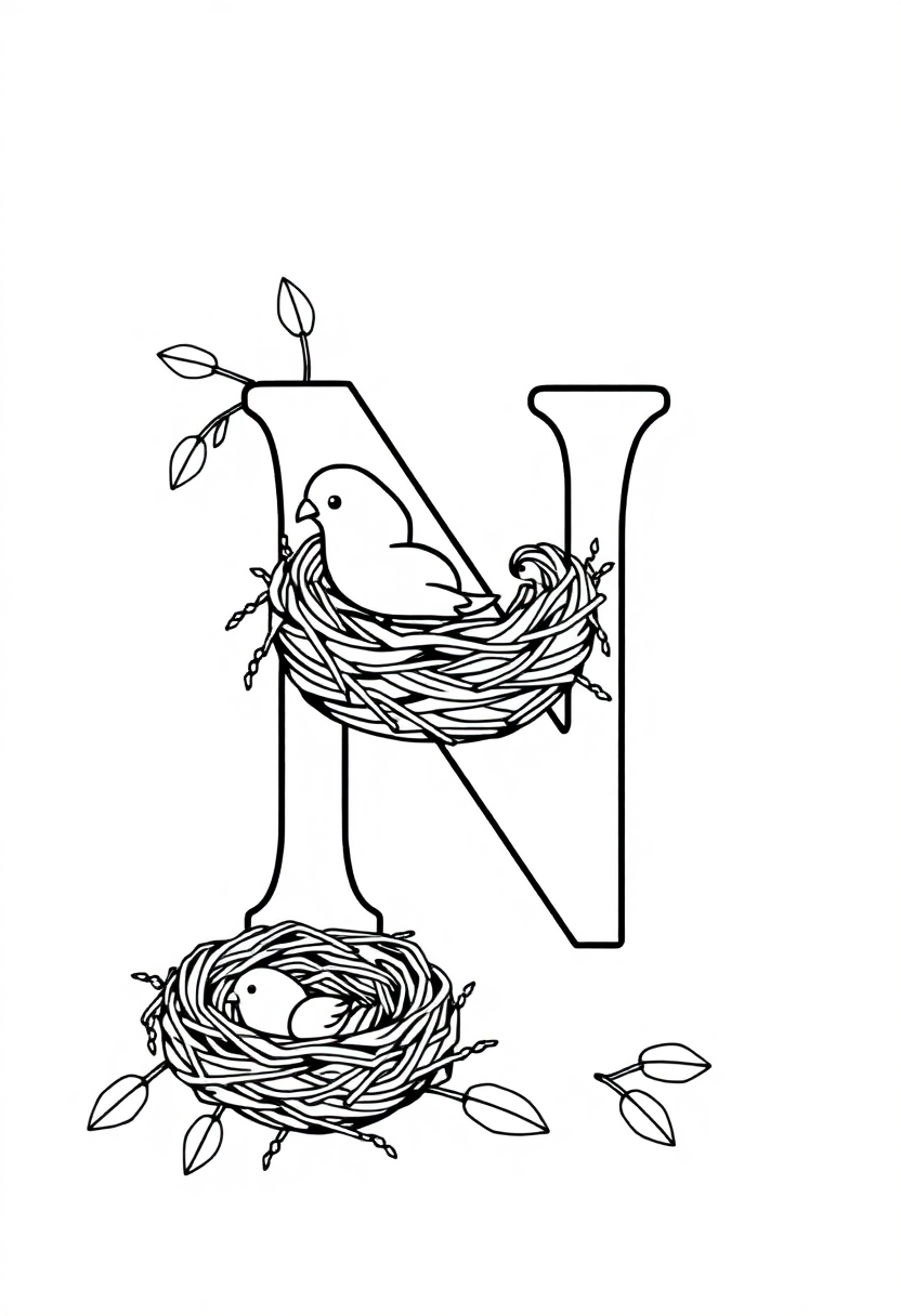 Letter N with Nest coloring page for kids