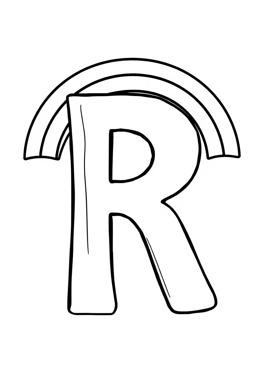 Letter R with Rainbow coloring page for kids