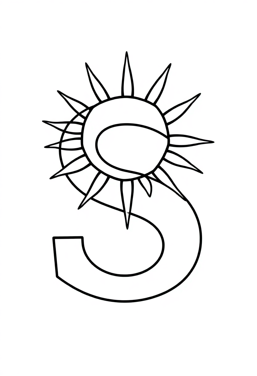 Letter S with Sun coloring page for kids