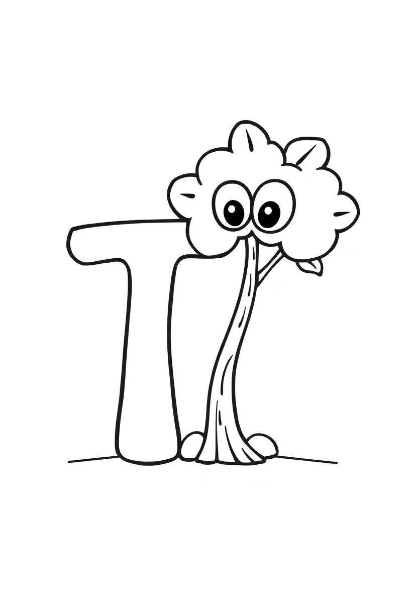 Letter T with Tree coloring page for kids