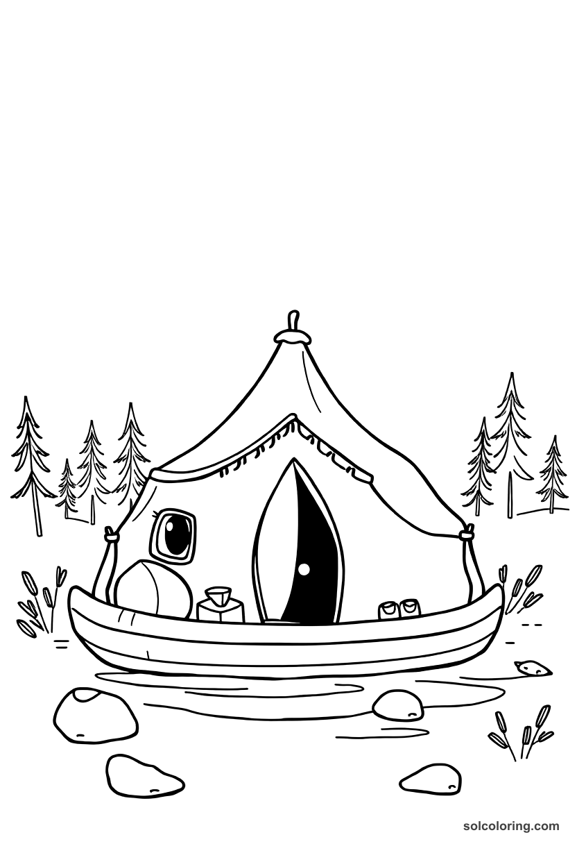 Cute Cartoon Lewis and Clark Expedition River Camp coloring page, free printable cute cartoon style