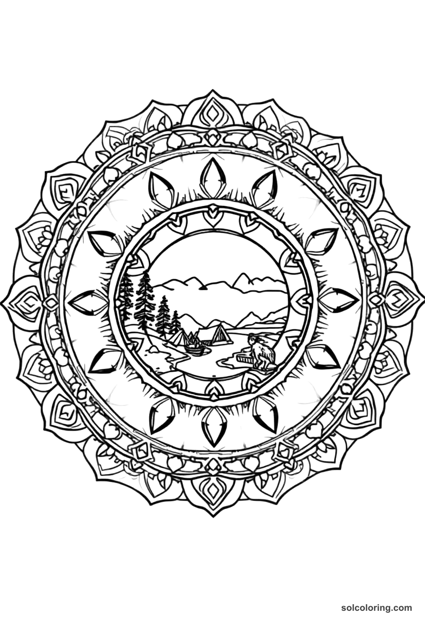 Mandala Lewis and Clark Expedition River Camp coloring page, free printable mandala style