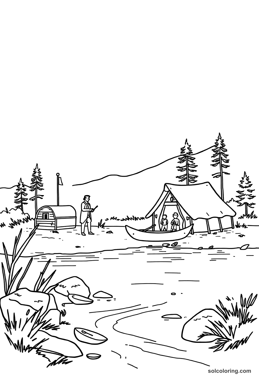 Simple Lewis and Clark Expedition River Camp coloring page, free printable simple style