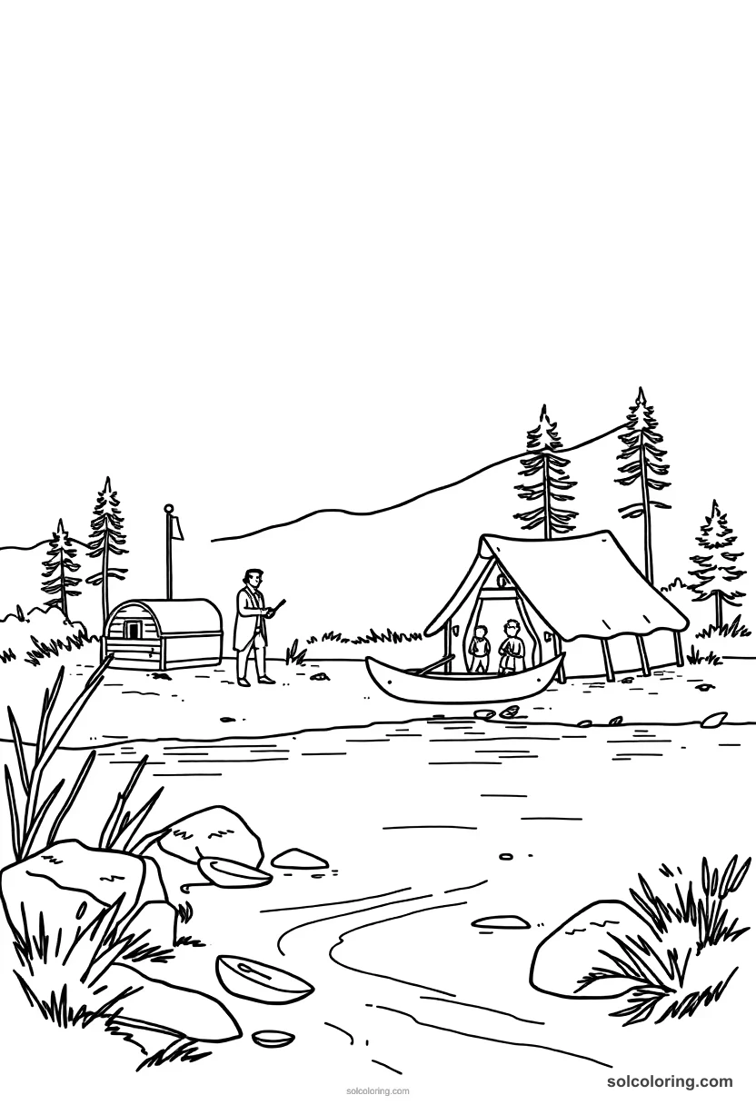 Simple Lewis and Clark Expedition River Camp simple coloring page for kids