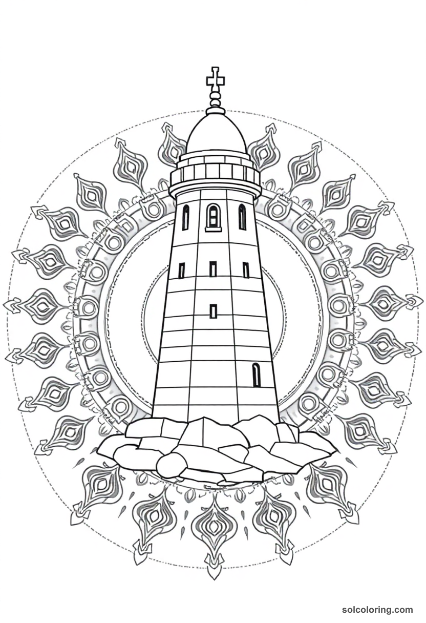 Mandala Lighthouse of Alexandria coloring page with geometric patterns surrounding the ancient wonder's three-tiered structure