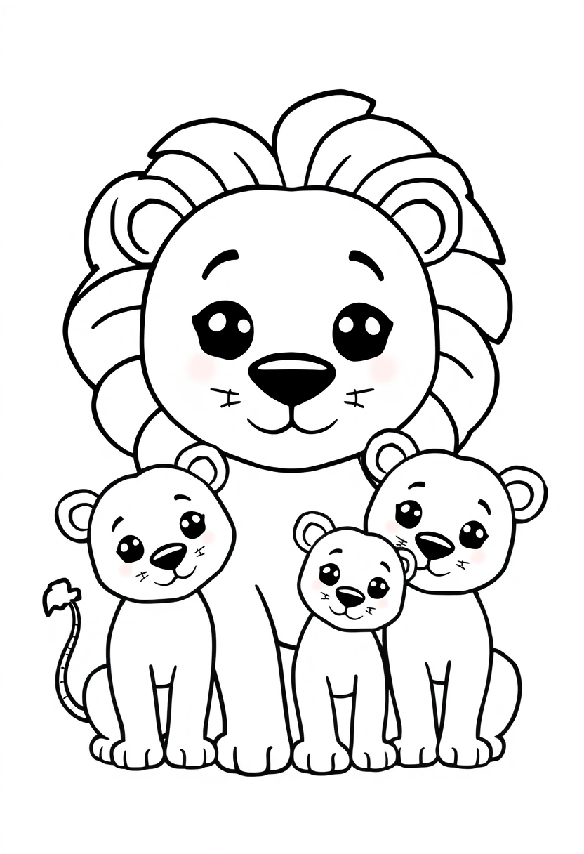 Lion family coloring page showing cartoon lion parents with cute cubs, featuring bold black outlines on white background